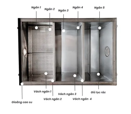 Thợ đang lắp đặt một bể tách mỡ inox 304 sáng bóng cho nhà bếp quán ăn tại TPHCM.