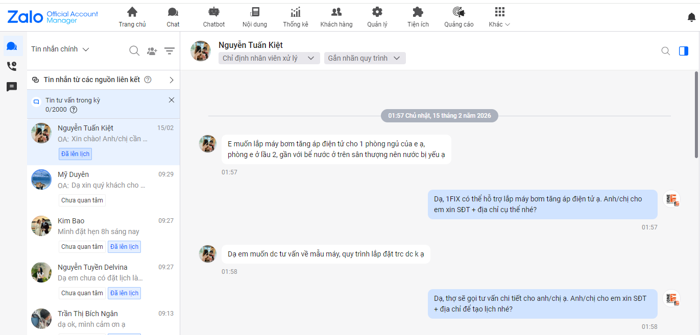 Tin nhắn Zalo khách hàng hỏi lắp bơm tăng áp do nước yếu lầu 2