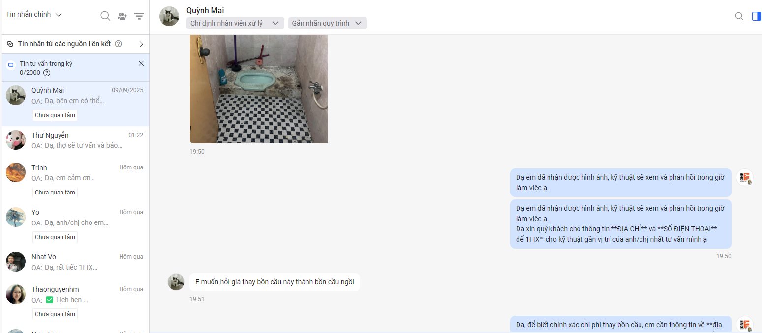 Tin nhắn Zalo khách hàng hỏi giá thay bồn cầu xổm thành bồn cầu ngồi tại 1Fix