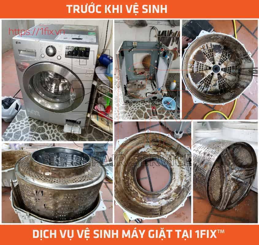 Lồng máy giặt cửa trước được tháo rời, bên trong đóng đầy cặn bẩn màu đen, minh họa sự cần thiết của việc vệ sinh tháo lồng chuyên sâu.