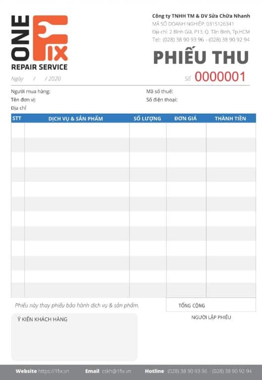 Phiếu thu kiêm phiếu bảo hành dịch vụ sửa chữa lắp đặt máy bơm của 1Fix.