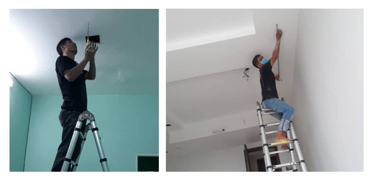 Thợ điện 1Fix đang hoàn thiện lắp đặt đèn led nổi trên trần thạch cao tại một căn nhà ở Tân Bình