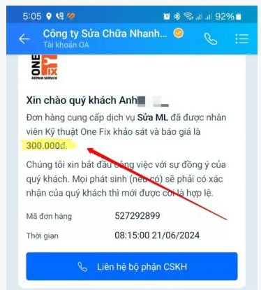 Bằng chứng báo giá sửa điện lạnh của 1Fix gửi qua Zalo cho khách hàng trước khi làm.