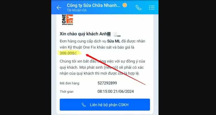 Thợ 1Fix gửi báo giá chi tiết qua Zalo cho khách hàng trước khi thi công