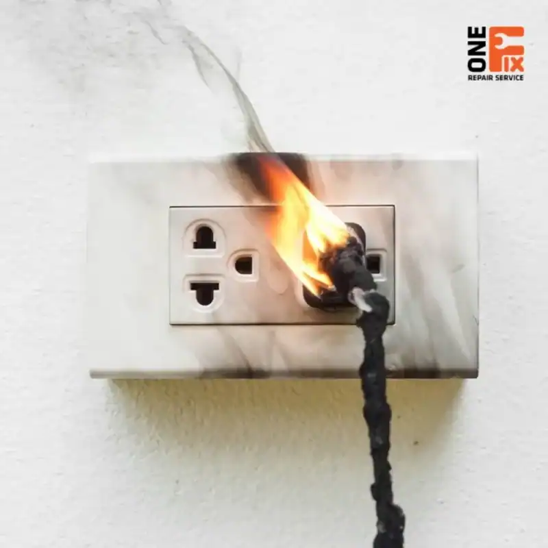 Ổ cắm điện âm tường bị cháy đen do chập điện, một mối nguy hiểm cần được thay thế ngay lập tức.